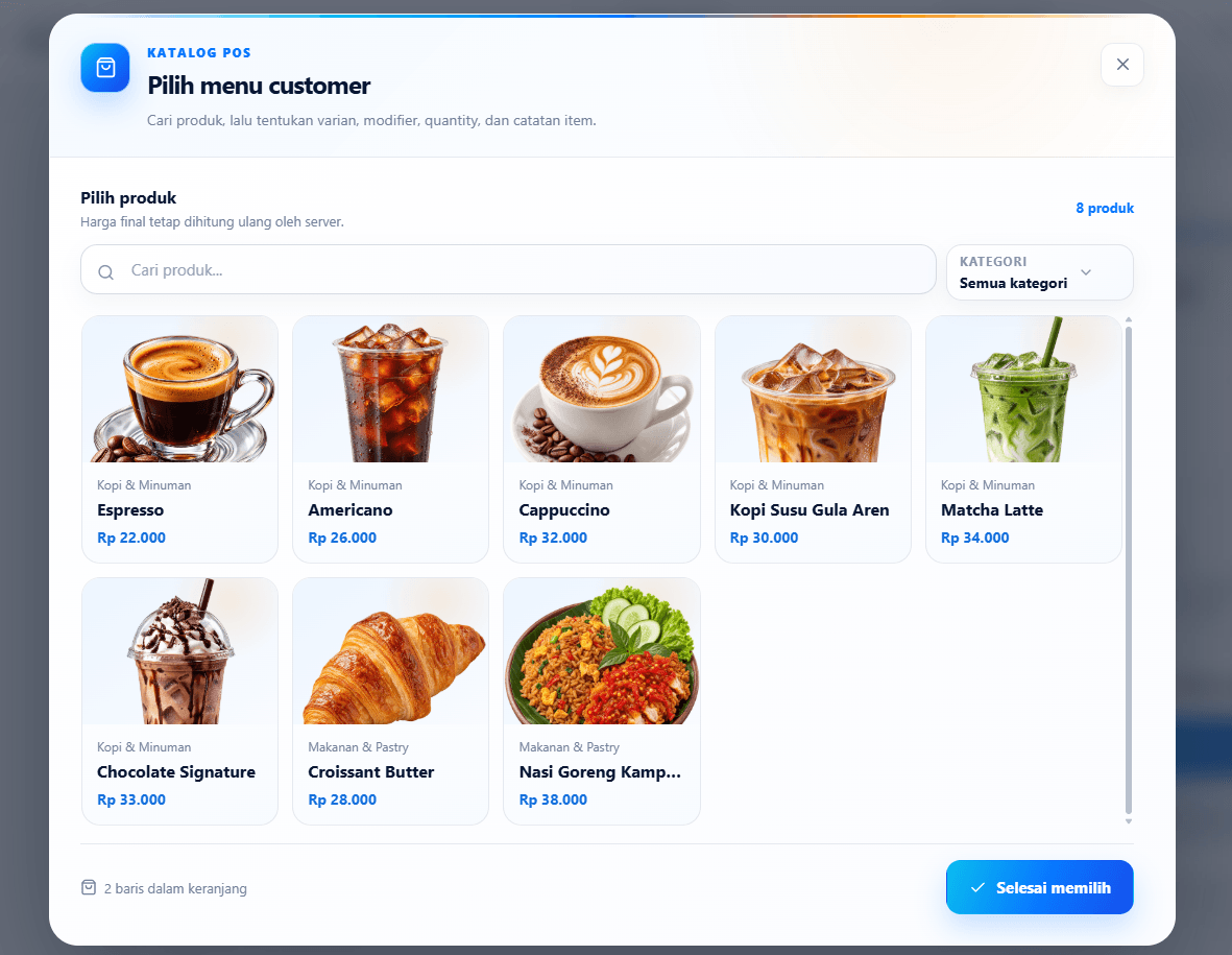 Katalog produk POS Veqino untuk memilih menu customer